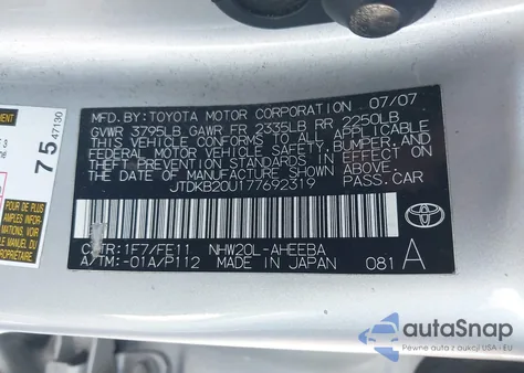 2007 Toyota Prius z USA, uszkodzony, nr VIN JTDKB20U177692319